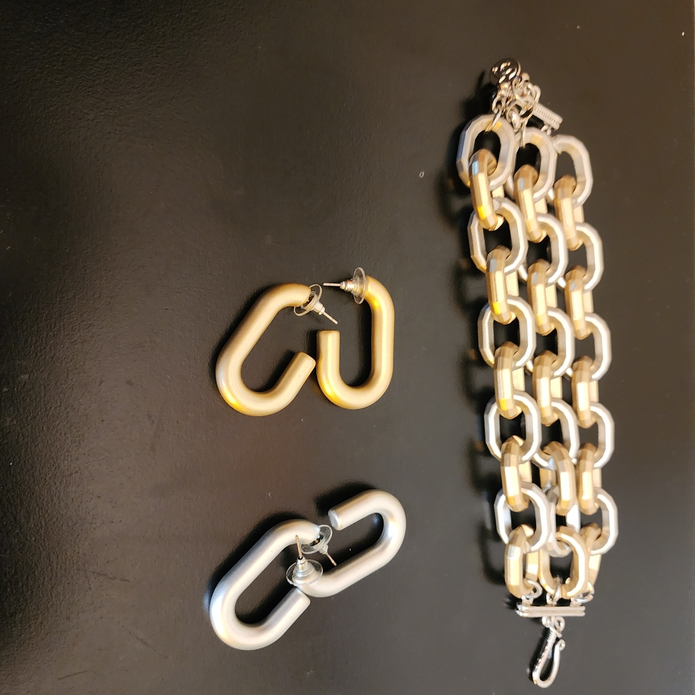 Chunky Silver and Gold Bracelet with Matching Earrings